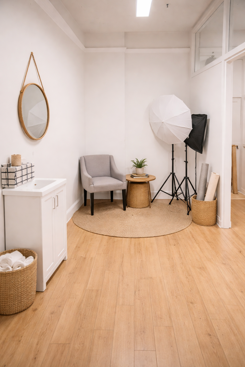 Studio Rose setup corner with lighting gear, chair, props, and styling pieces.